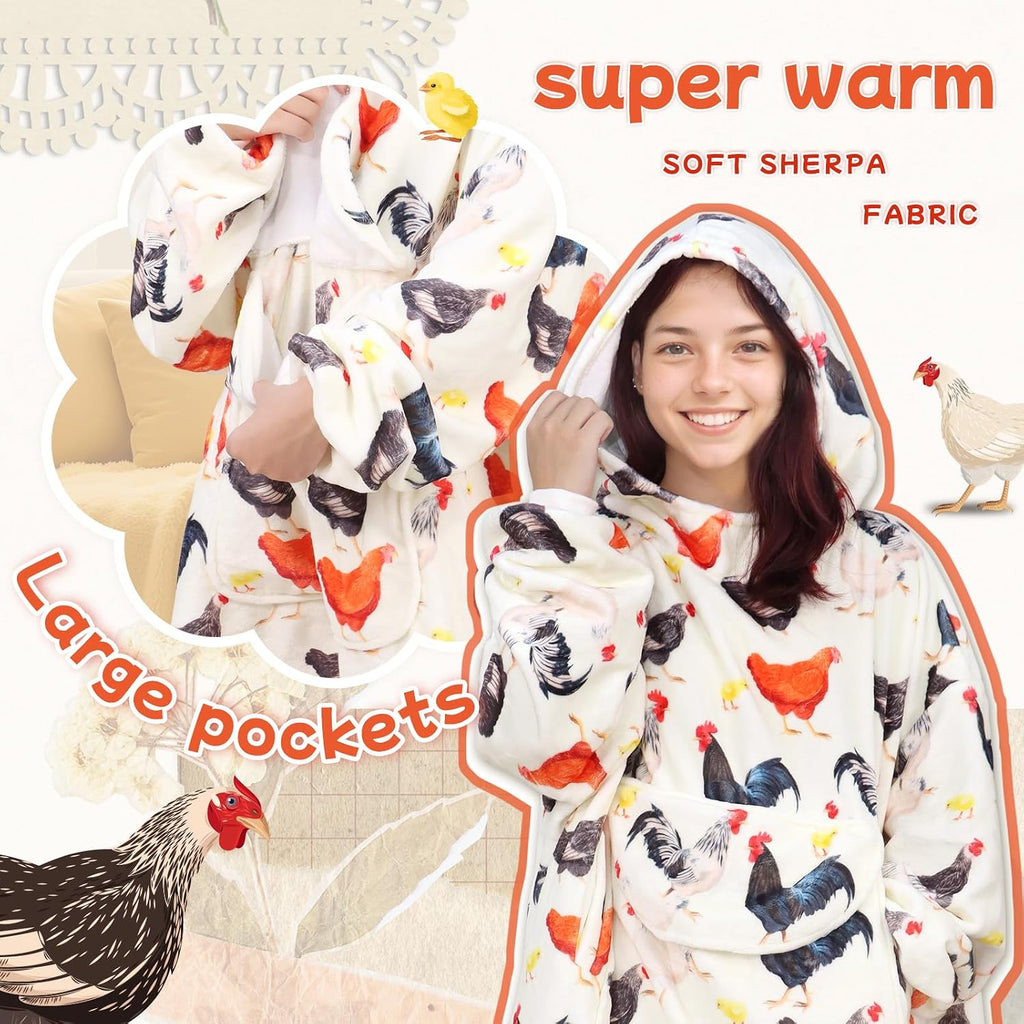 Chicken Wearable Blanket Hoodie for Women - Funny Hooded Blanket with Oversized Pocket - Chicken Decor Gifts for