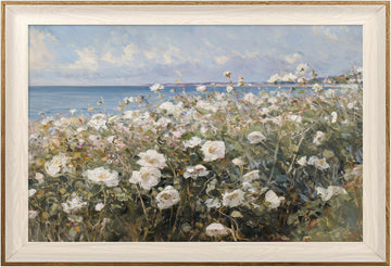 Framed Canvas Wall Art Room Decor, Vintage Landscape Wall Art Decor Aesthetic Artwork, Coastal Scenery Nature White