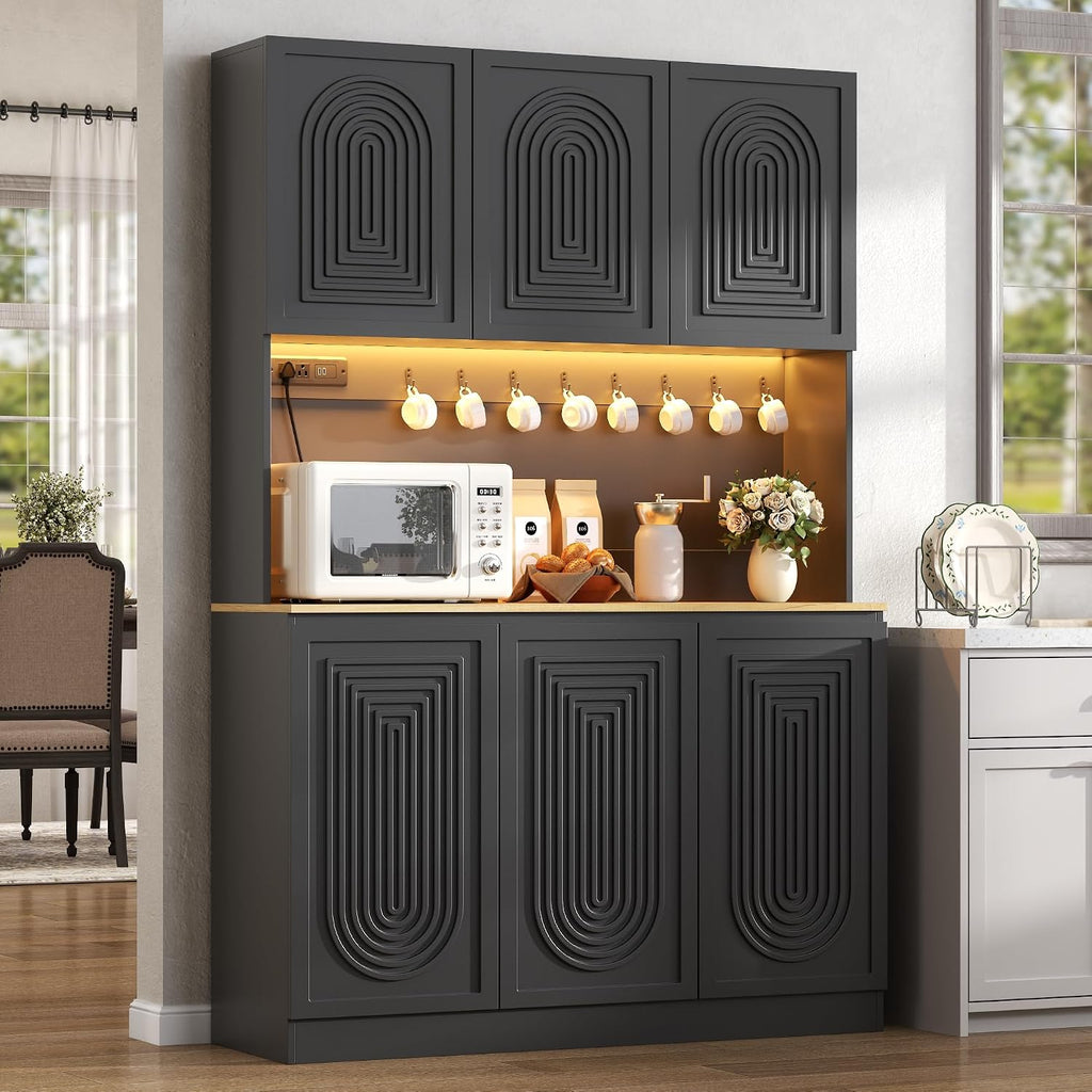 71" Kitchen Pantry with Power Outlet & LED Light, Large Kitchen Hutch Cabinet with Adjustable Shelf, Modern Buffet