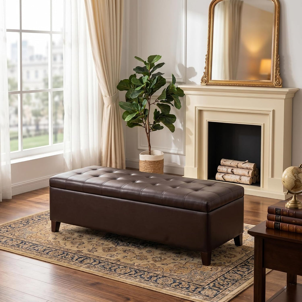Ottoman with Storage, 51 Inch Large Ottomans Storage Bench | Faux Leather Upholstered End of Bed Bench with Hinged