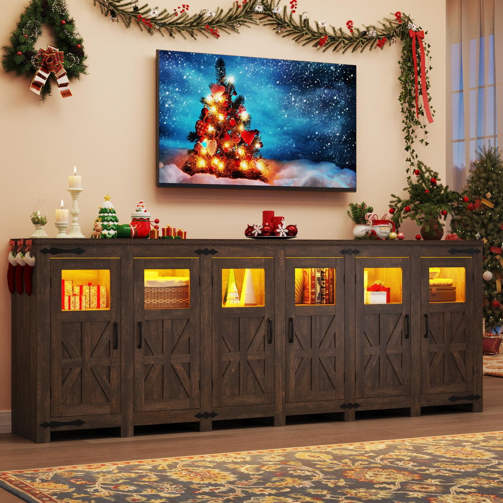95" Large LED Farmhouse TV Stand for 100/90/80In TVs with Power Outlets, Tall Entertainment Center Storage