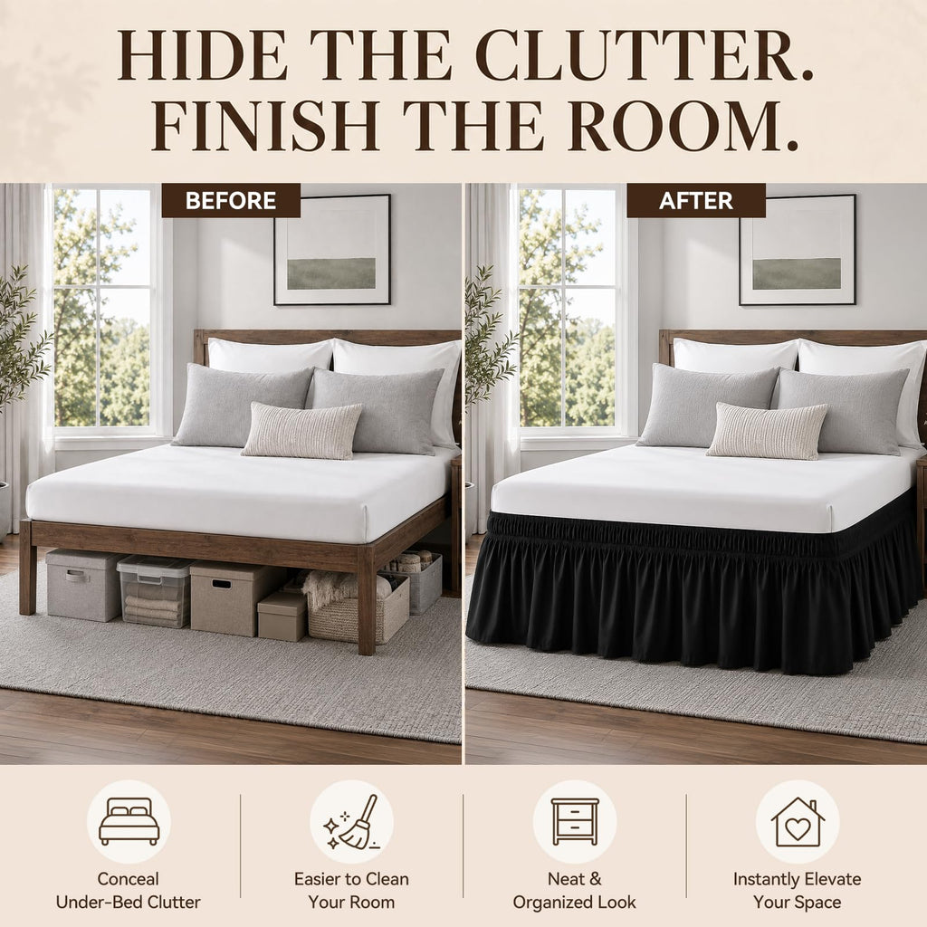 Black Queen Bed Skirt 14 Inch Drop, Elastic Wrap Dust Ruffle