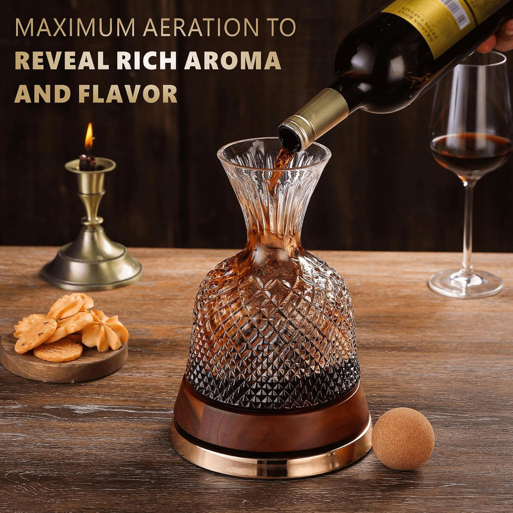 Rotating Wine Decanter with Wooden Base - 360° Spinning Wine Aerator for Fast Oxygenation, Crystal Clear Wine Carafe