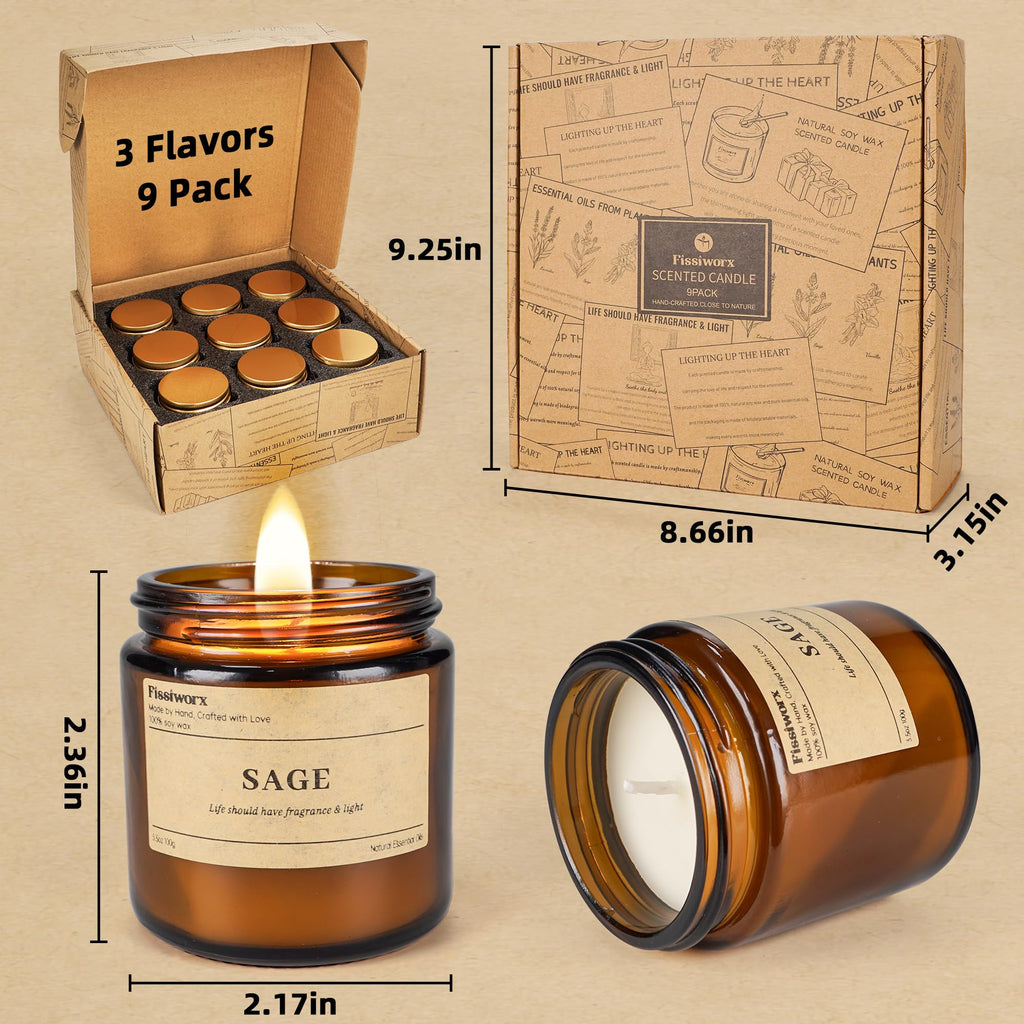 9 Pack Scented Candles Set, Vanilla, Lavender, Sage