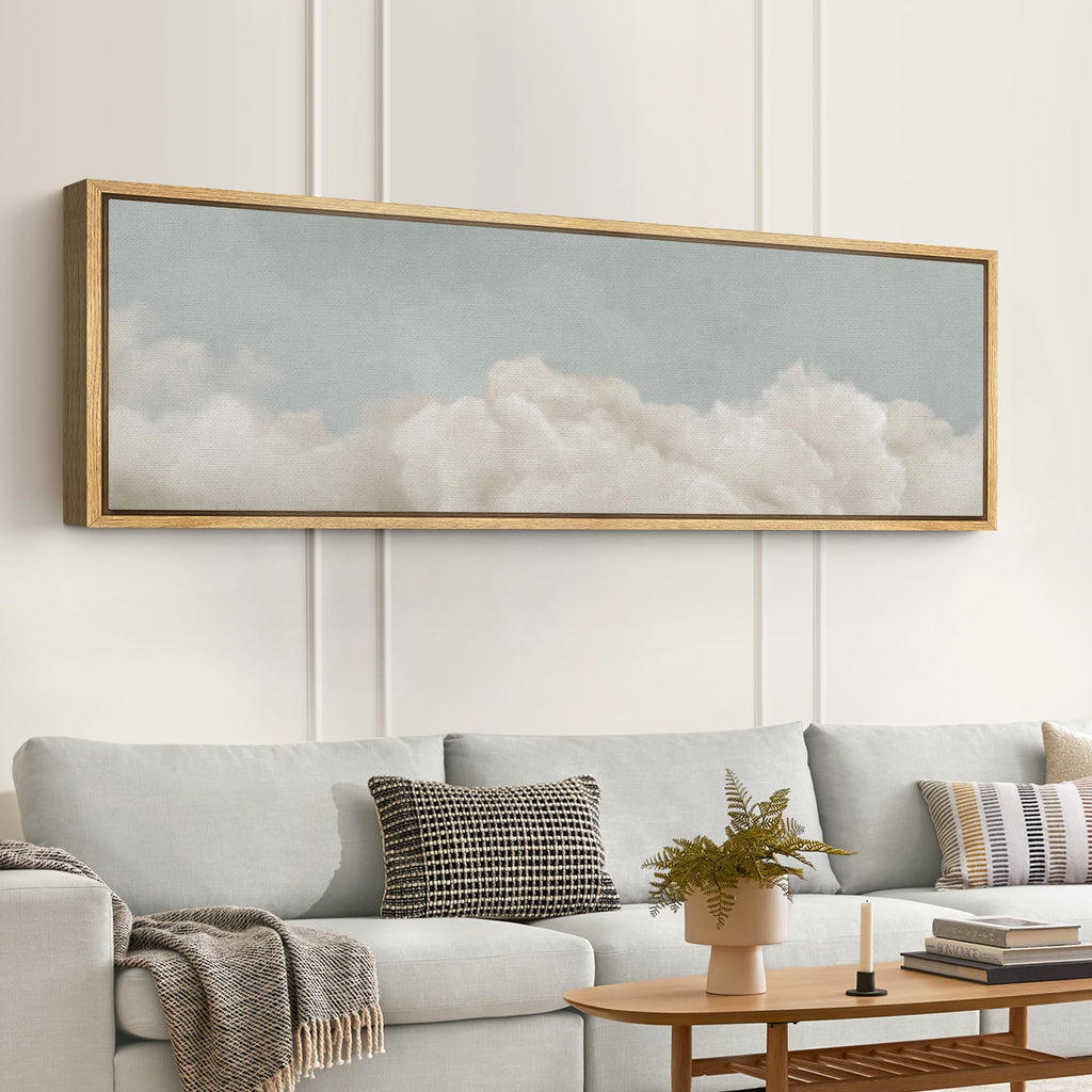 Large Framed Canvas Print Wall Art Cloudscape Soft Sky and White Cloud Illustrations Modern Art Calm Warm - 60"x20"