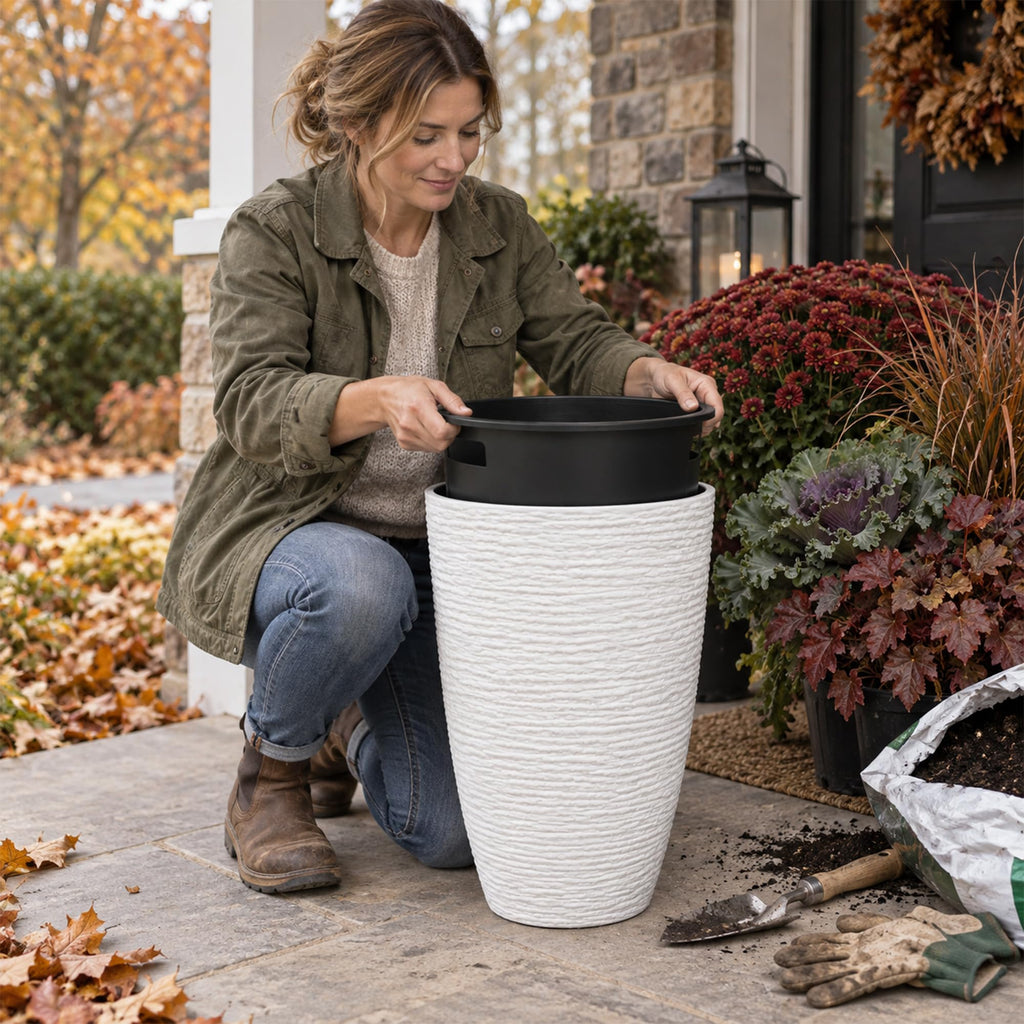 21" H White Tall Planters with Inside Pots, 2-Pack Large Plant Pots