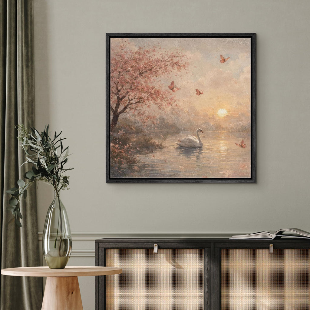 Framed Canvas Print Wall Art Swan Lake at Sunset with Cherry Blossoms Illustrations Realism Decorative Scenic