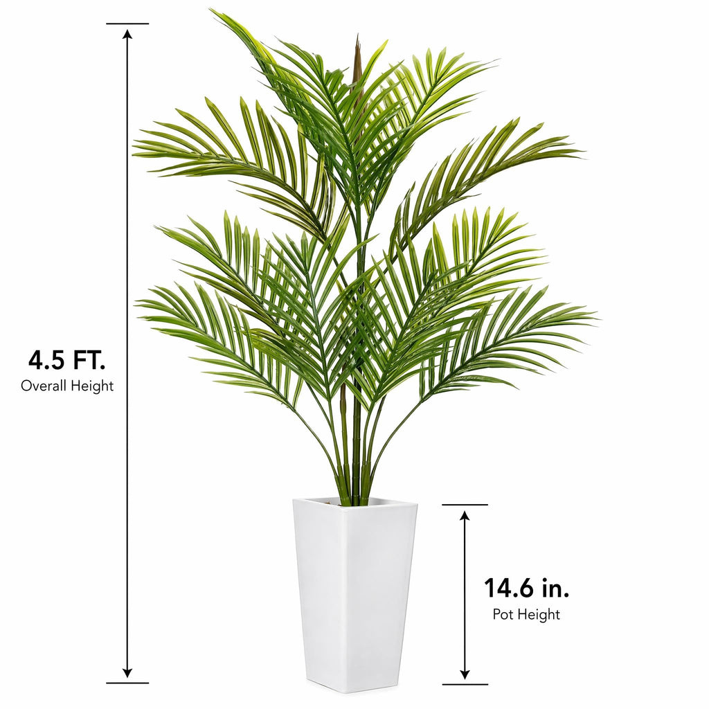 Artificial Palm Tree, 4.5FT Tall Faux Tropical Areca Plants with White Tall Planter, Fake Potted Tree with Lifelike