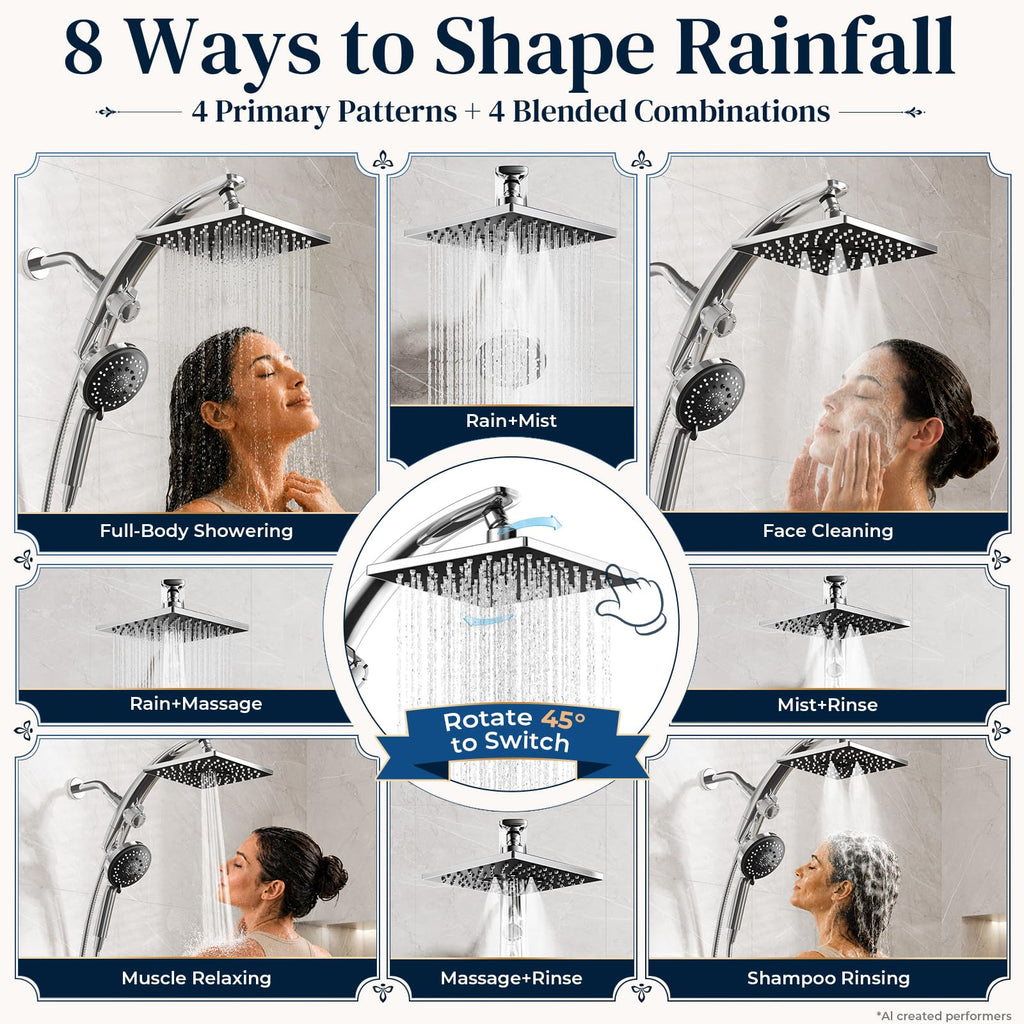 8"Square Rain Shower Head with Handheld, 8-Function Rainfall, Power Jet