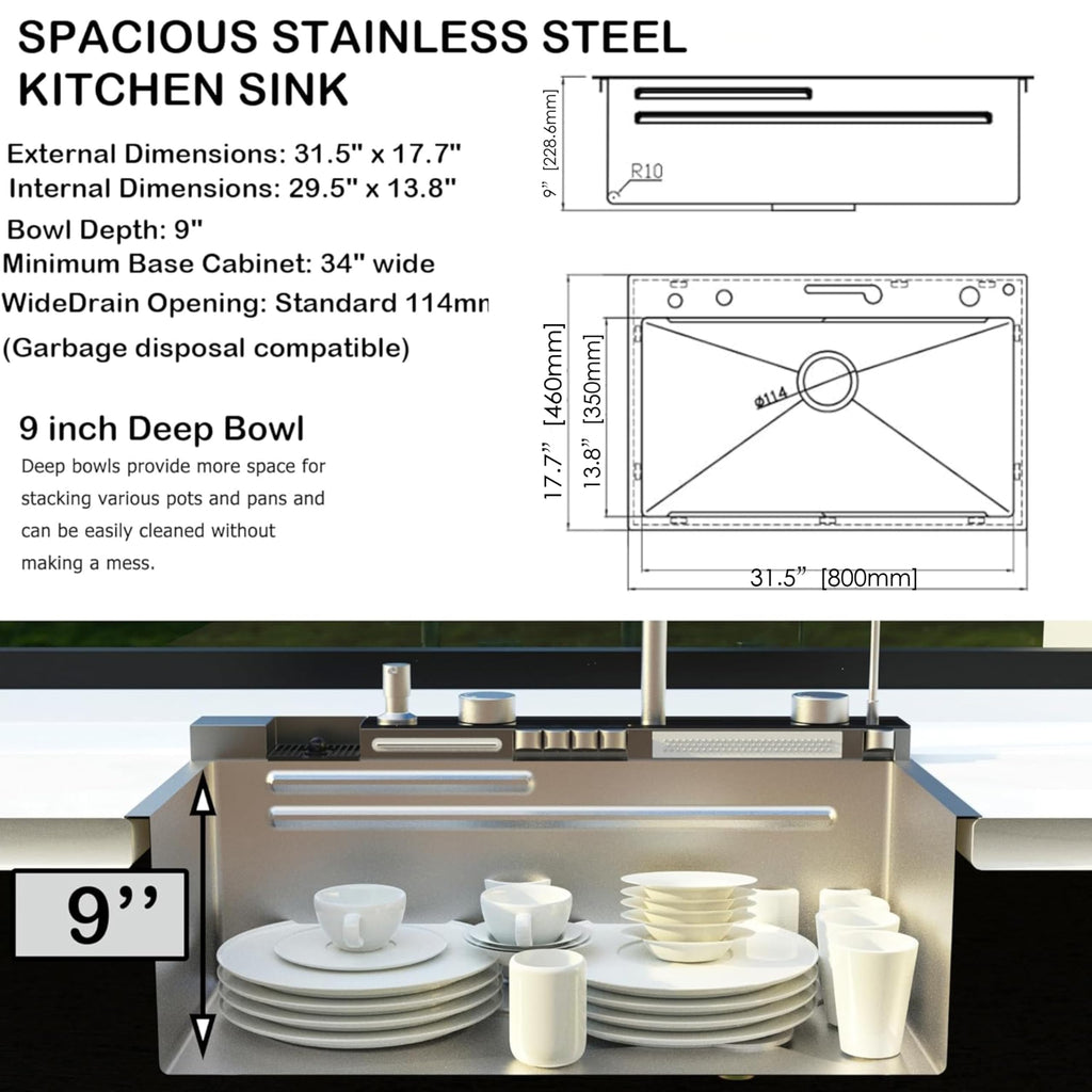 Drop Sink Smart Waterfall Workstation Kitchen Sink 31.5 x 17.7 Inch 16 Guage Stainless Steel Single Bowl