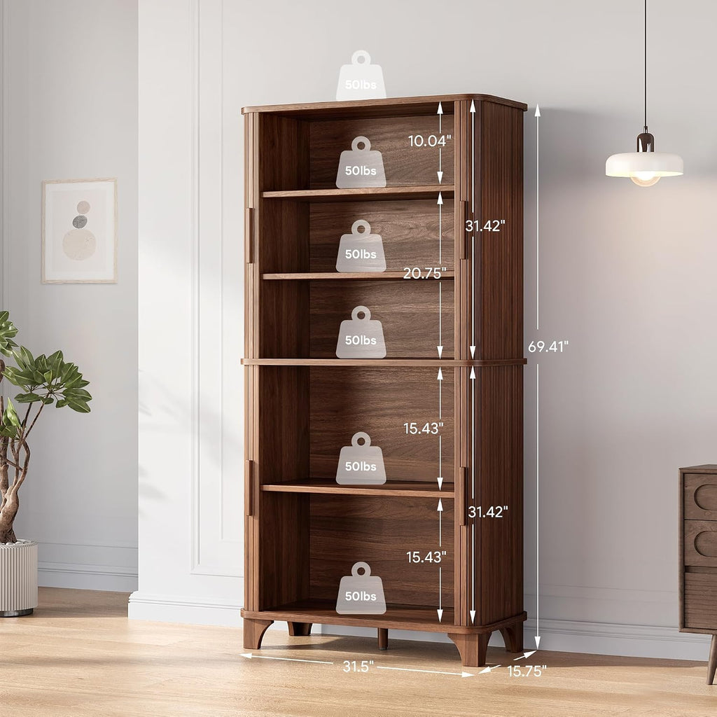 69" Tall Kitchen Pantry Storage Cabinet with Sliding Door, Modern Curved Edge Pantry Storage Cabinet with 5 Shelves