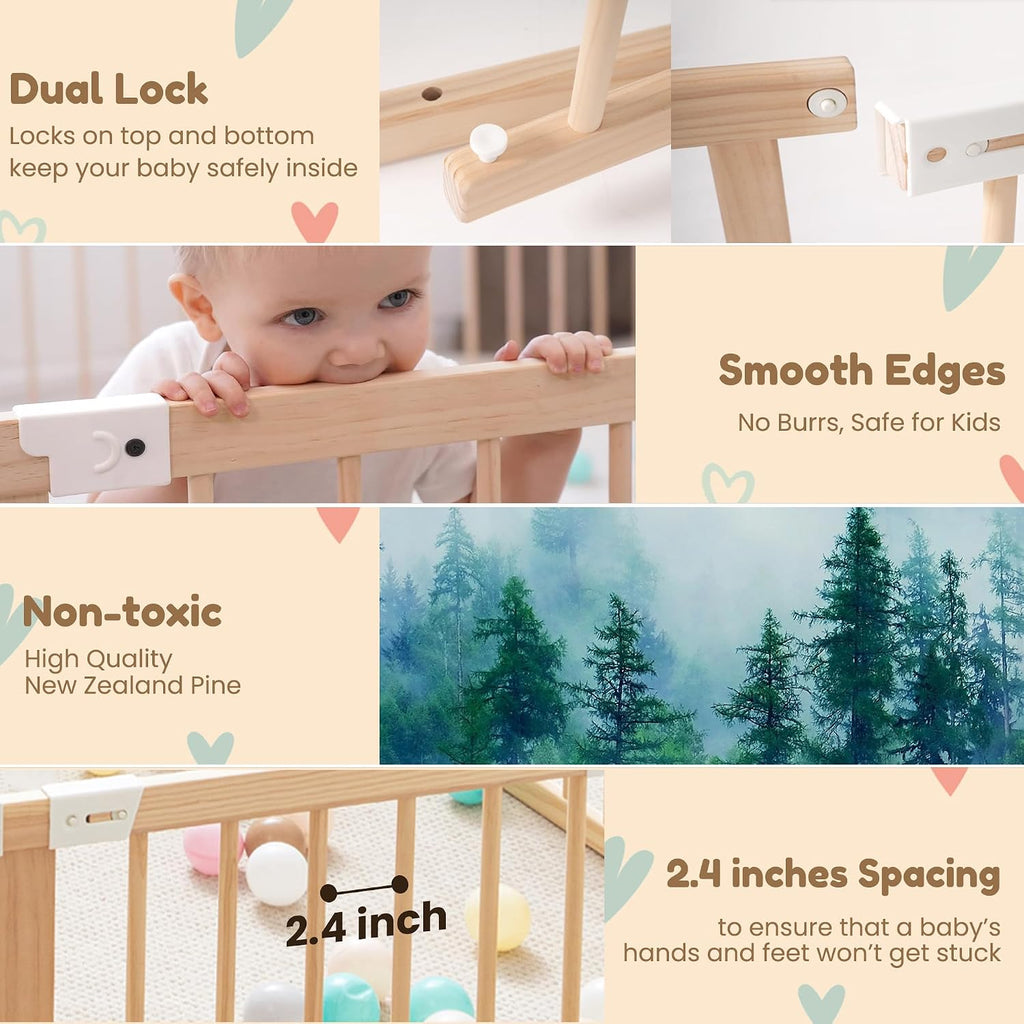 Wooden Baby Playpen Foldable Play Yard with Gate 86"x58" Natural Wood | Foldable wooden playpen, dual-lock gate