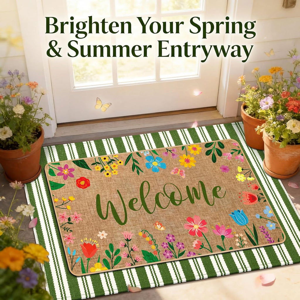 2 Pcs Summer Floral Door Mat Outdoor Wildflower Welcome Doormat for Front Door Linen Rubber Layered Flower Stripes