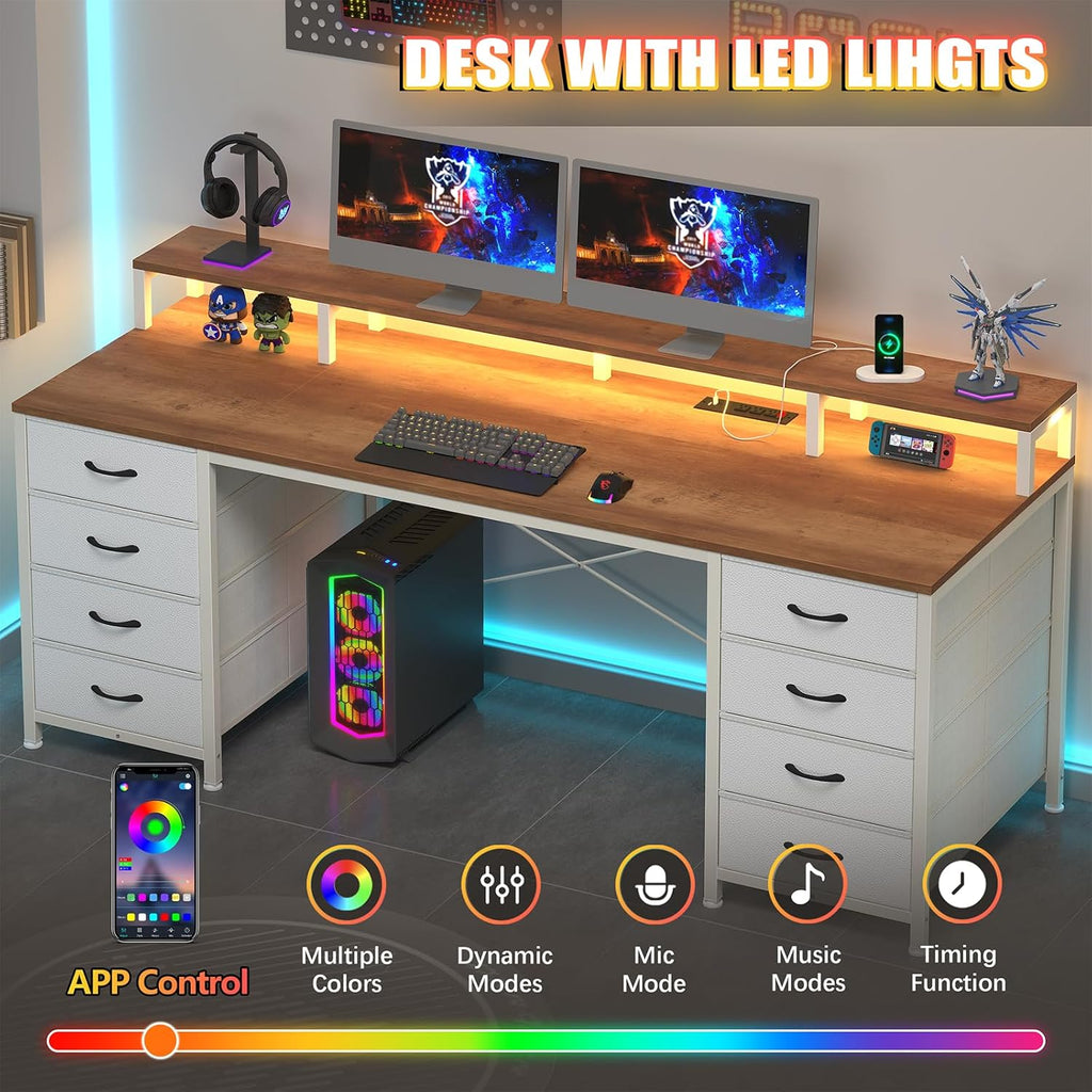 60" Computer Desk with 8 Drawers & Monitor Stand | Gaming Desk with LED Lights & Power Outlets, Home Office Desk with