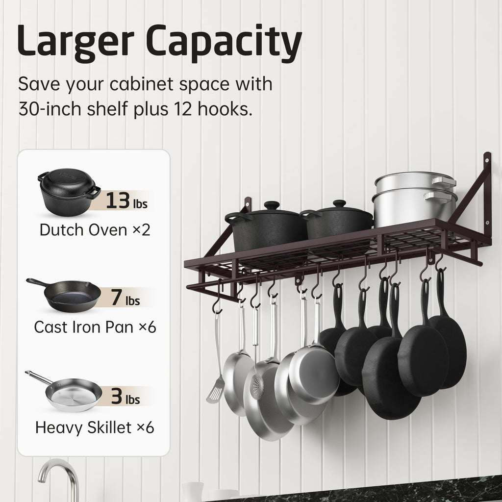 Wall Pot Rack, Oil Bronze, 88lb Capacity, 12 Hooks, Farmhouse