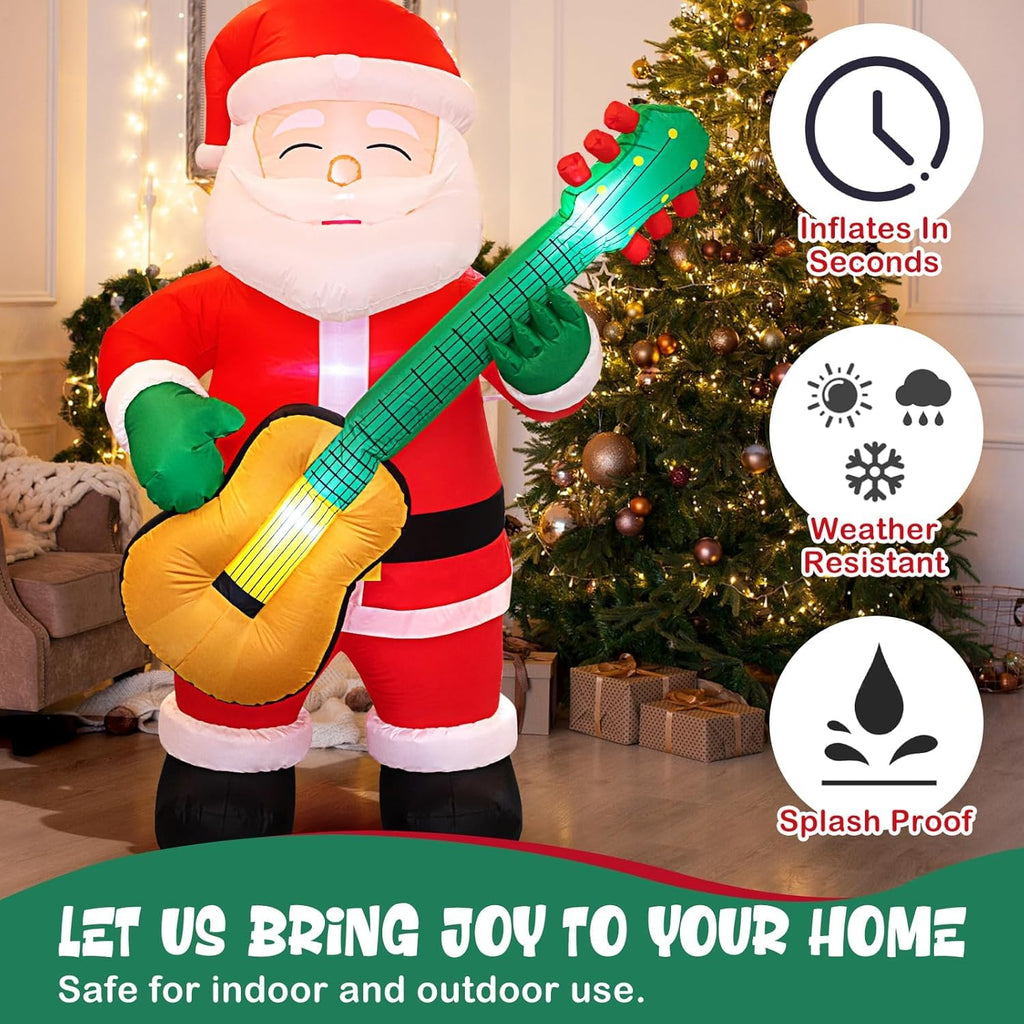 6.5 FT Christmas Inflatable Santa Claus with Guitar, Blow Up Santa Christmas Decorations Outdoor, Unique Lighted Xmas