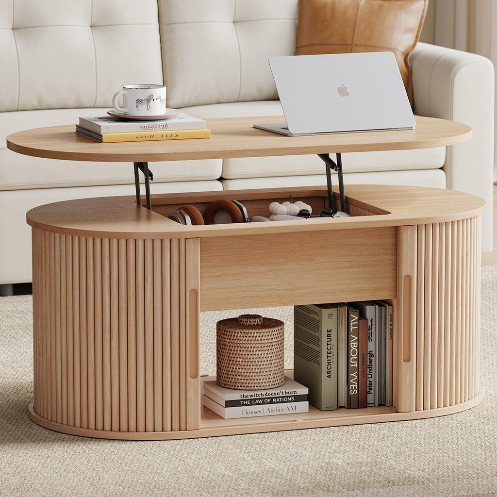 Lift Top Coffee Table, Oval Fluted Coffee Table with Storage, Boho Wooden Coffee Tables with Sliding Tambour Door