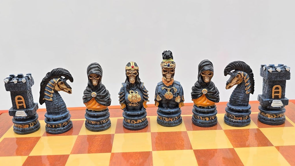 Medieval Gothic Skeleton Knights Chess Set, Hand Painted Undead Skull Resin Chess Pieces with Wooden Drawer Storage