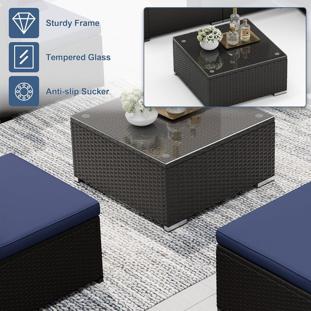 5-Piece Outdoor Patio Furniture Set, All-Weather PE Rattan Sectional Sofa with Ottoman, Glass Coffee Table &