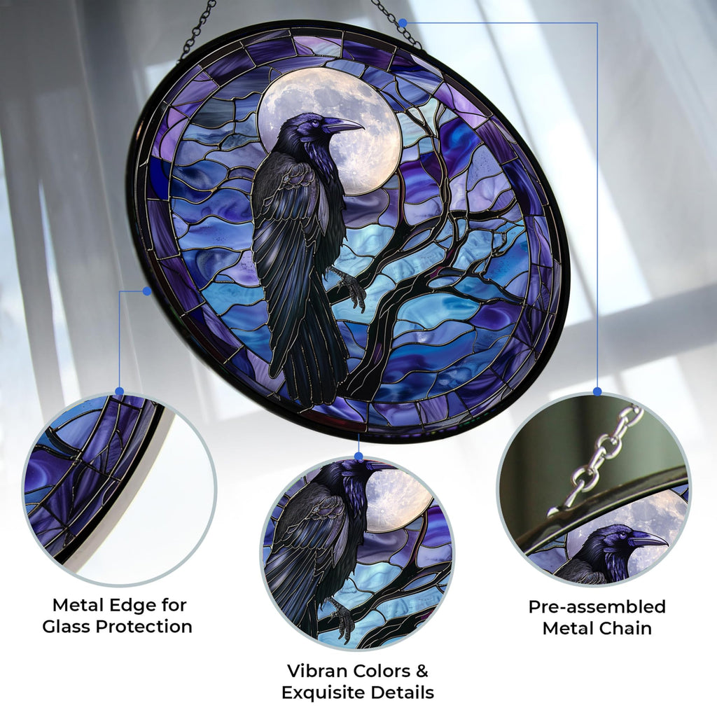 Moon Crow Stained Glass Window Hanging 12' Round Blue Flower Glass Panel Farmhouse Style Suncatcher Perfect