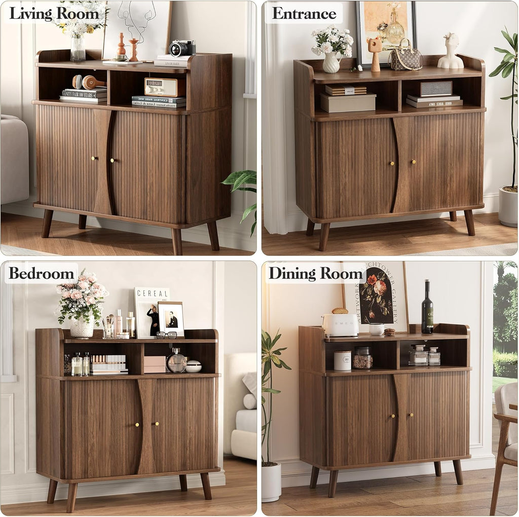 39" Buffet Sideboard Cabinet, Mid Century Modern Console Cabinet with Roller Shutter Sliding Doors & Adjustable