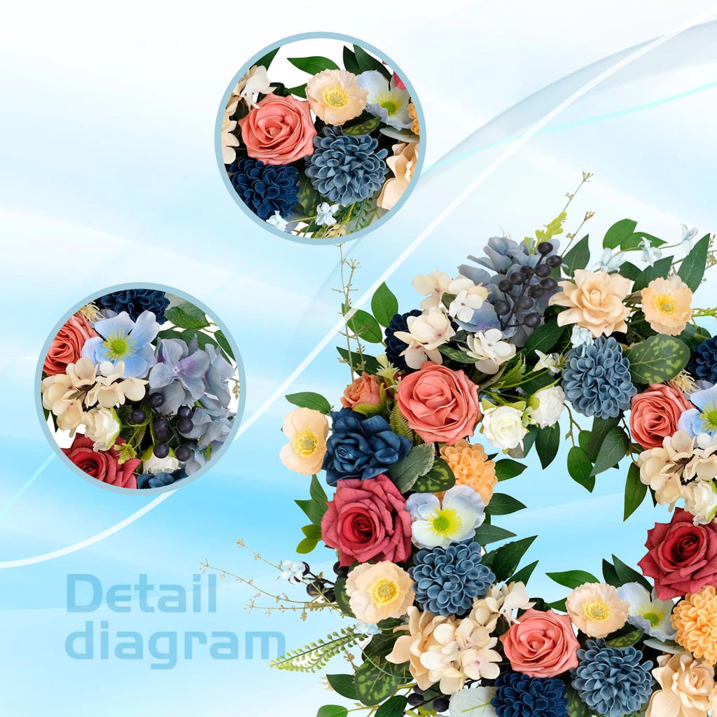 22 inch Spring Wreath Artificial Flower Wreaths Spring Summer Yellow Blue Rose Hydrangea Wreaths Front Door Hallway