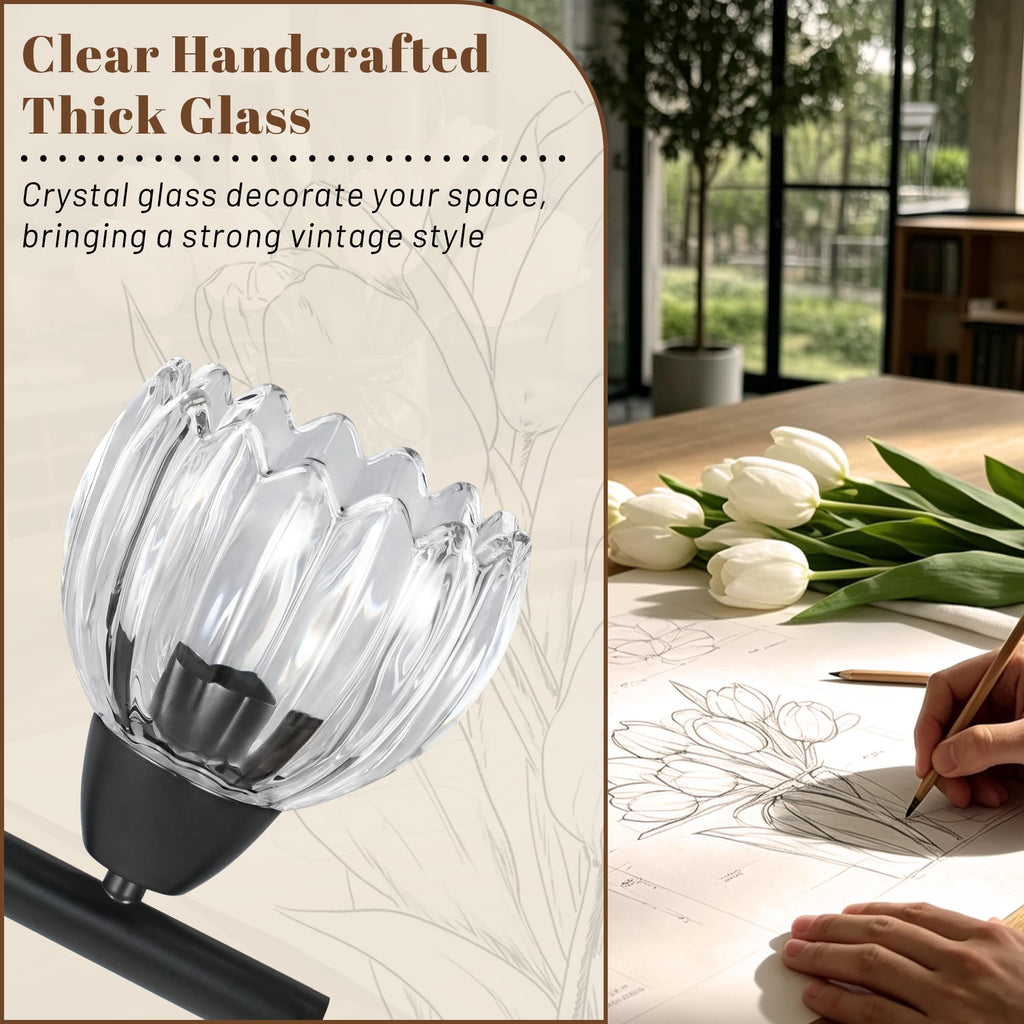 Black Linear Chandelier 6 Lights Island Lights with Clear Flower Shade