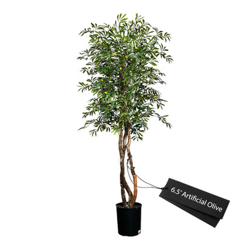 Handmade 6.5ft Mediterranean Olive Artificial Tree with Ethically Sourced Real Wood Trunks, Hypoallergenic, 6.5-Foot