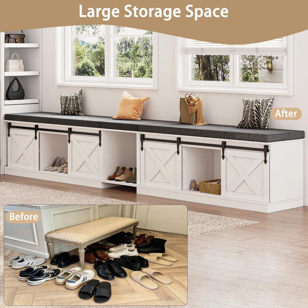 Farmhouse L Shaped Corner Shoe Storage Bench, Corner Bench with Cushion and Sliding Barn Door, 63" Breakfast Nook
