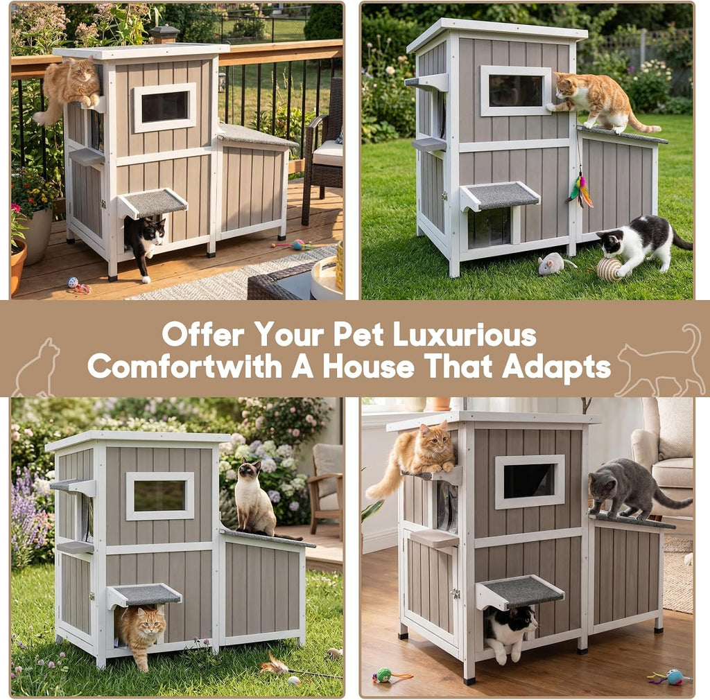 Outdoor Cat House for 2-3 Cats, 2-Story Weatherproof Wooden Cat Shelter with Feeding Station, Openable Asphalt Roof