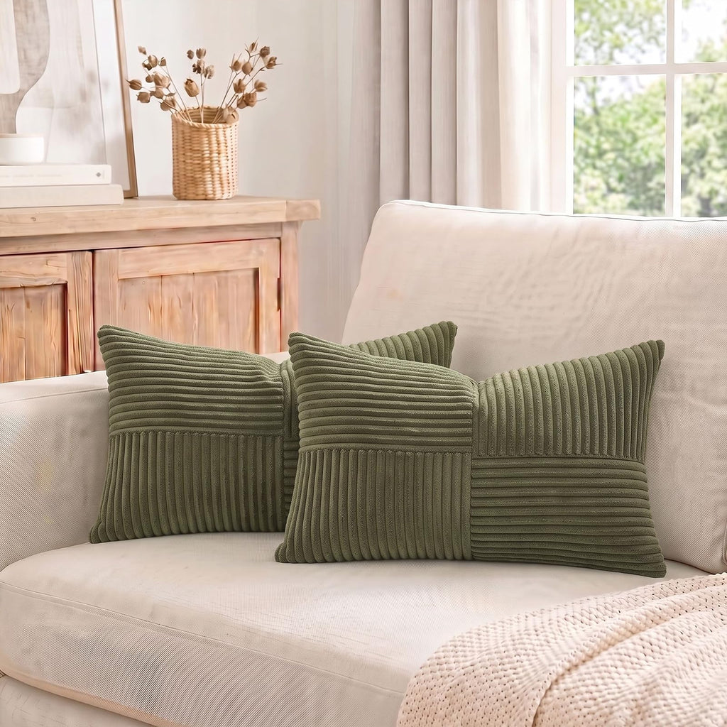 2 Packs Olive Green Long Lumbar Decorative Throw Pillow Covers 12x24 Inch for Couch Bed Sofa, Rustic Farmhouse Boho