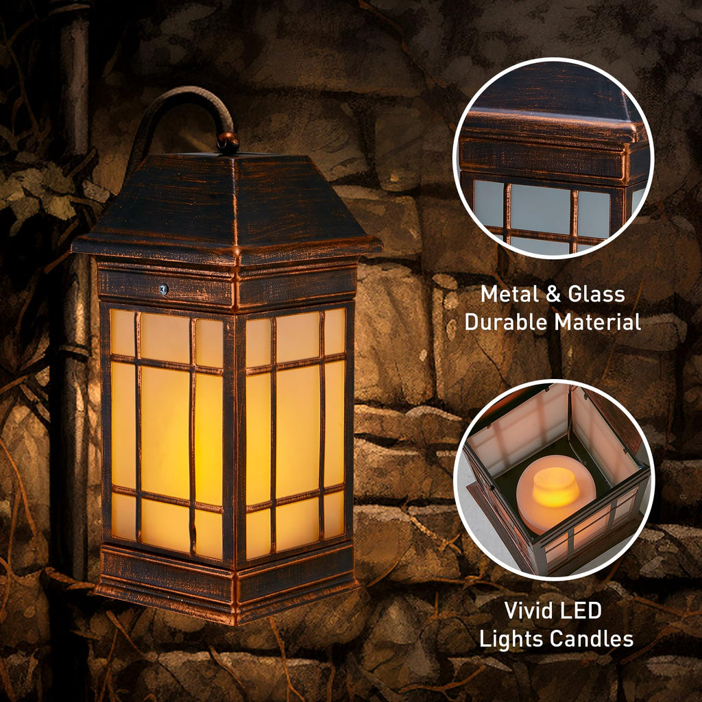 15.5" Solar Lantern Outdoor Waterproof, Glass Flickering Flame Solar Lanterns, Hanging Metal Lantern Decorative Front