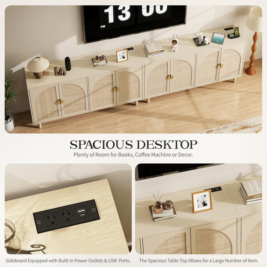 Rattan 4 Door Accent Sideboard Cabinet, Storage Buffet with Adjustable Shelves & Solid Wood Legs, Credenza with