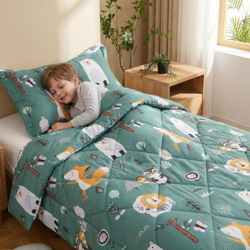Green Forest Animals Kids Comforter Set Full, 3 Piece Woodland Printed Microfiber Bedding Set, Machine Washable