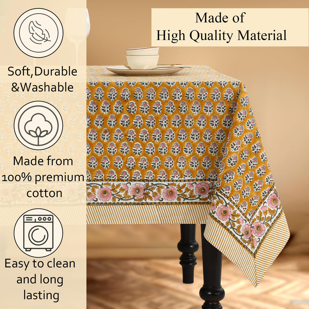 CPC Yellow Citrine Block Print 100% Cotton Rectangle Tablecloth 60x90 Inch