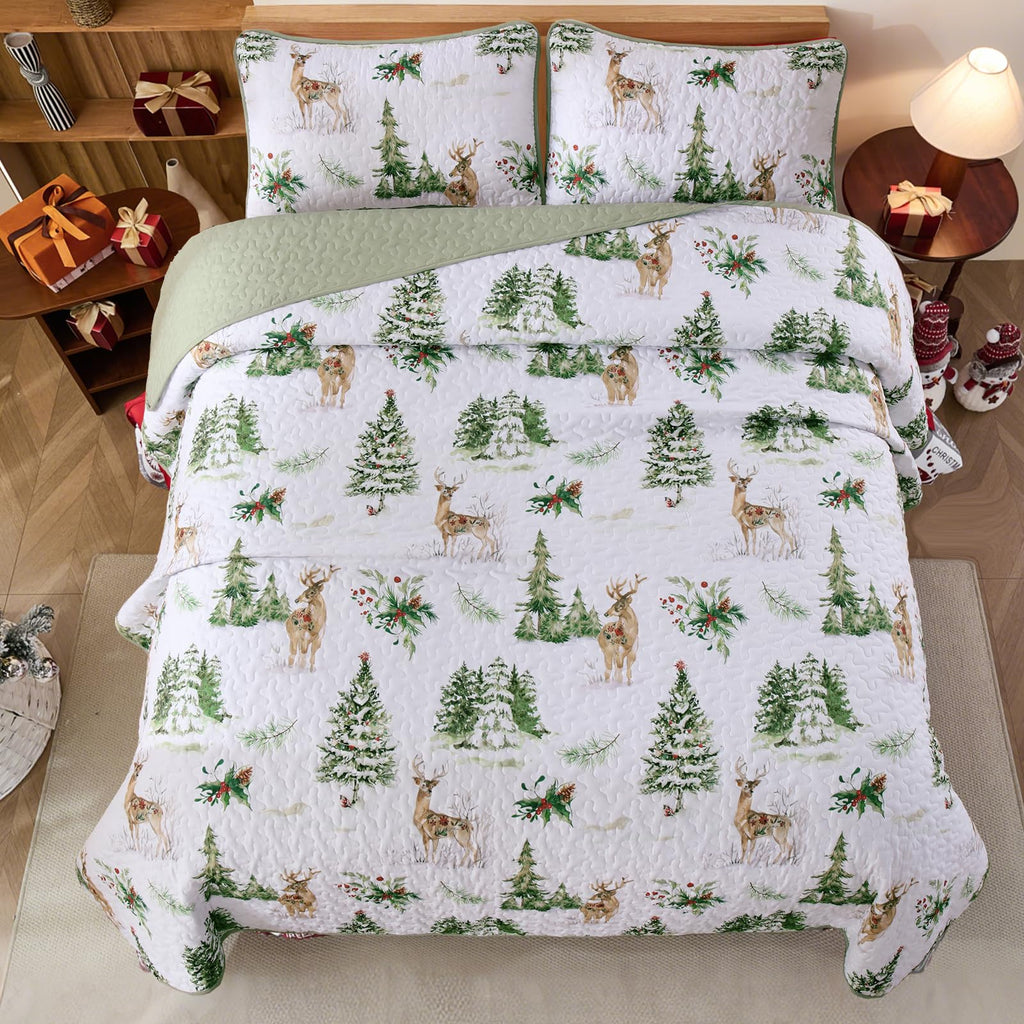 Christmas Quilt Set Queen Size Green Xmas Reindeer Pine Tree Bedding Set