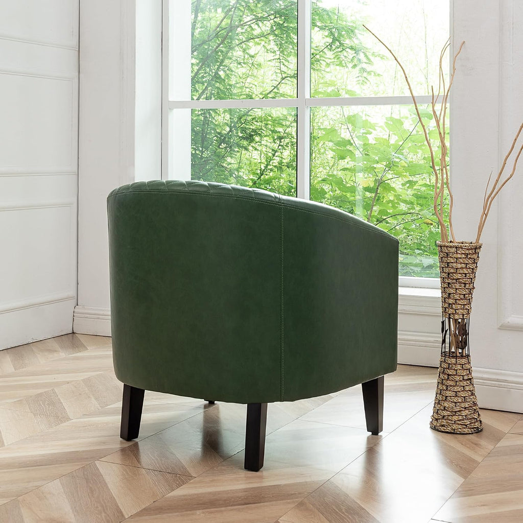 29" W Faux Leather Barrel Chair PU Tufted Accent Club Chair, Green