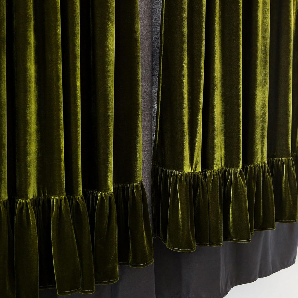 Velvet Curtains Set of 2 Retro Ruffle Flounces Trim Soft Decorative Luxurious Solid Olive Green Farmhouse Vintage
