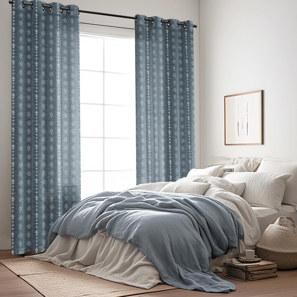 Blue Curtains 96 Inches Long, Sheer Boho Pattern Stripe Farm House Curtains 2 Panels Bedroom, Navy and White