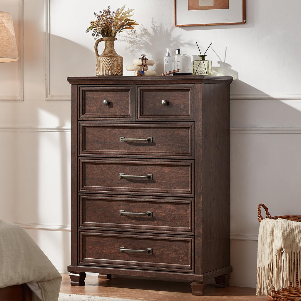 Farmhouse 6 Drawer Dresser, 45 Inch Tall Vintage Wood Chest of Drawers, Mid-Century Dressers w/Square Wooden Legs