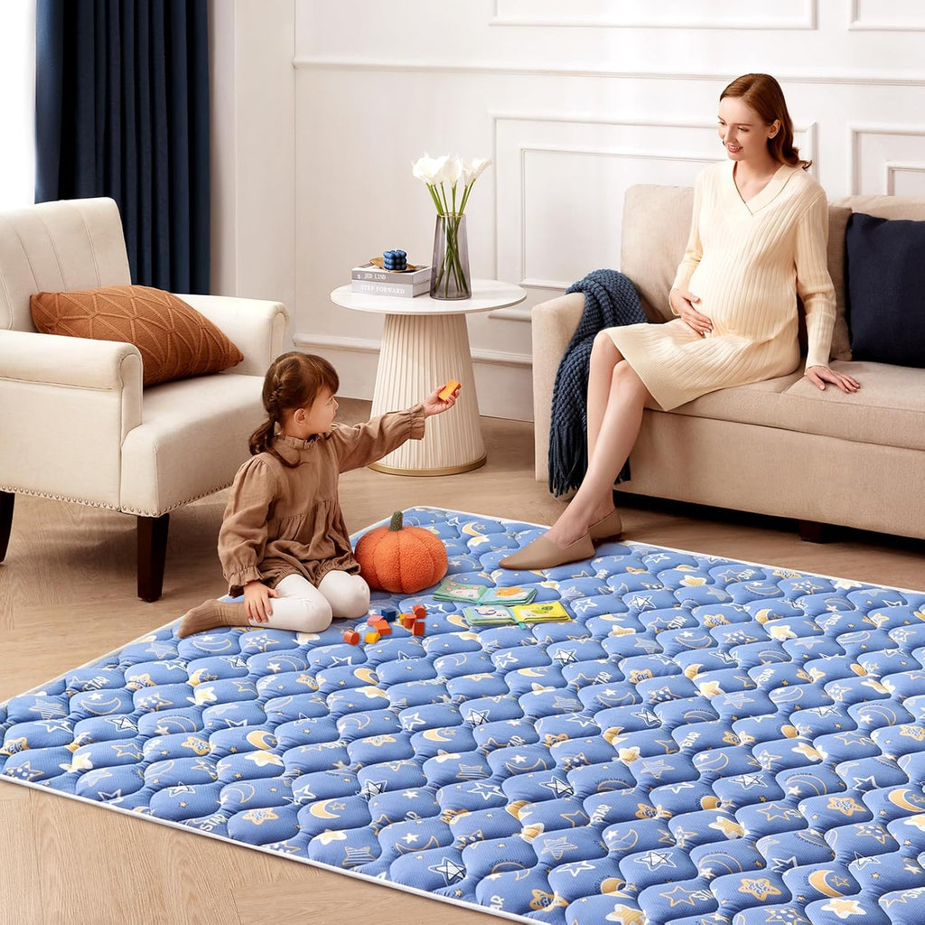 79" x 59" Foldable Baby Play Mat, Odorless Premium Foam Microfiber Floor Mat, Hypoallergenic Non‐Slip Washable