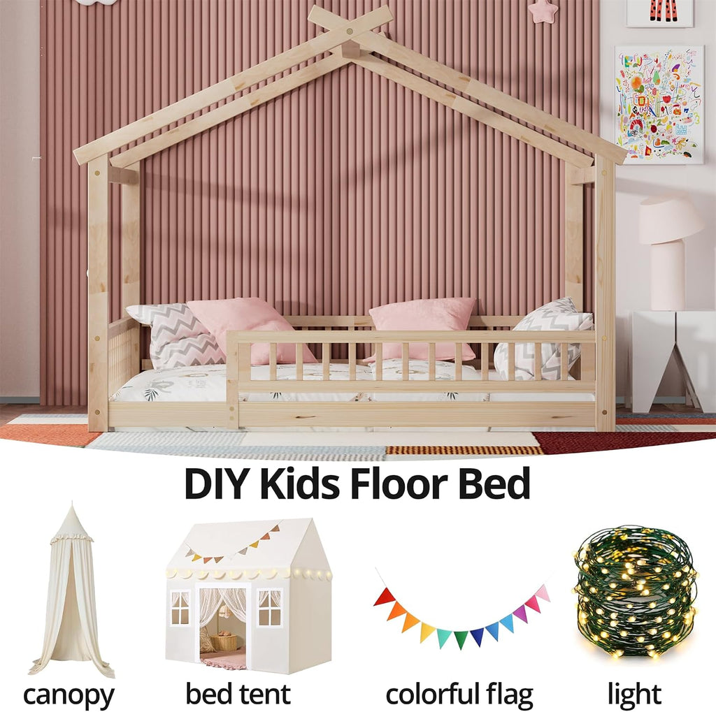Full Size House Bed with Fence, Wooden Montessori Bed with Slats Support, Floor Bed Frame for Boys Girls Bedroom