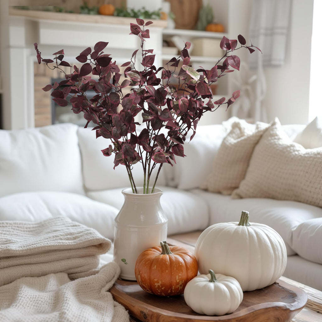 5PCS Artificial Fall Eucalyptus Leaves Stem Plants, 32.7 inch Fake Leaves Autumn Greenery Branches Burgundy Shrubs