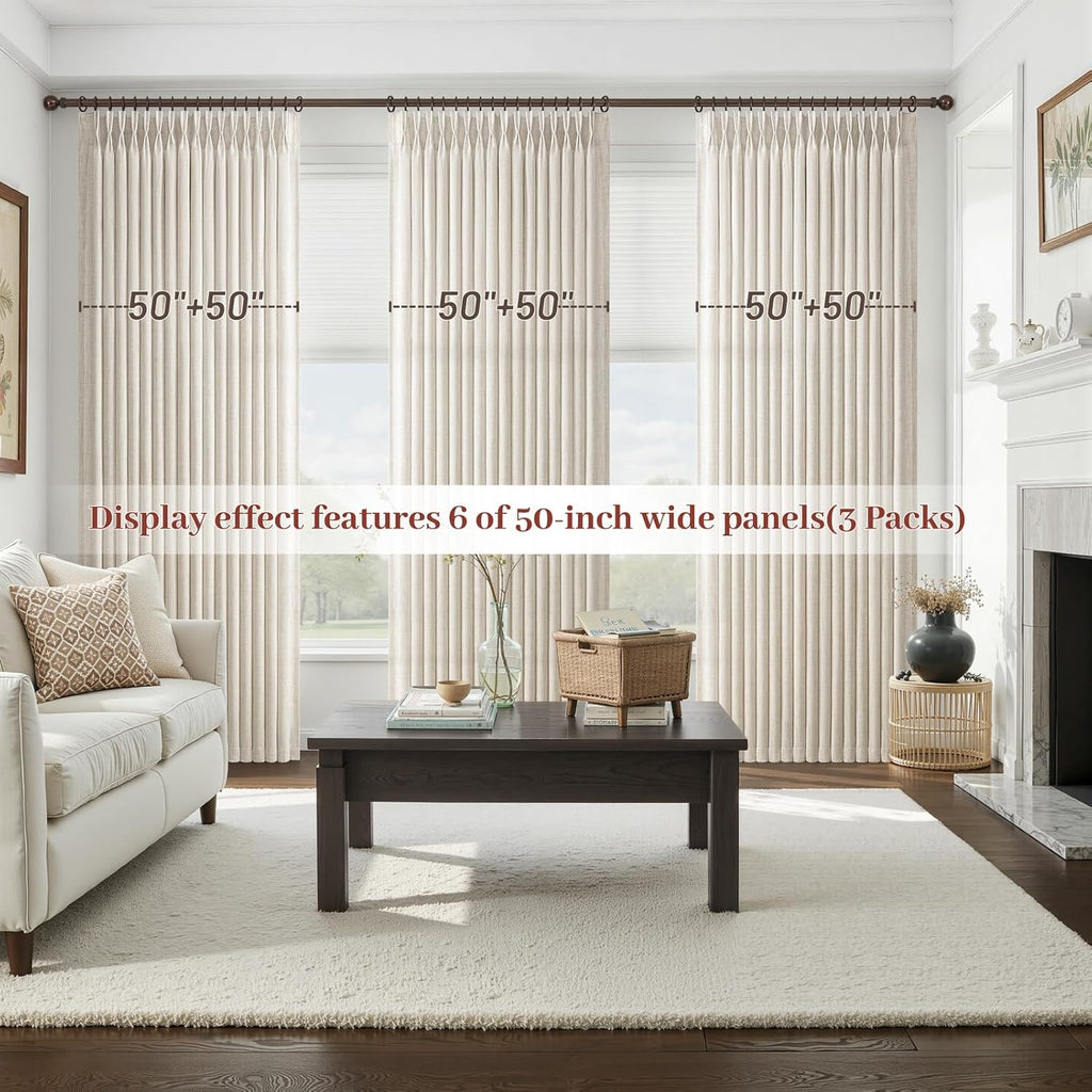 Pinch Pleated Linen 50 Inch Wide Curtains 96 Inches Long, Memory Trained Pleat Boho Semi Sheer Birch Light Filtering