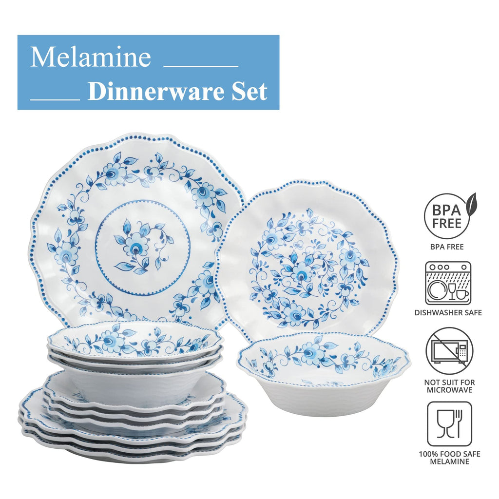 12 Piece Blue and White Floral Melamine Dinnerware Sets, Outdoor Dishes Set, Plates and Bowls Sets, Service for 4
