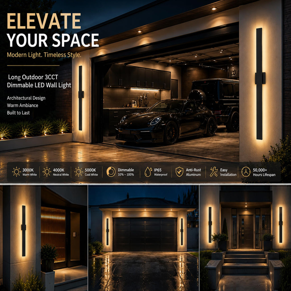 2Pack Modern Outdoor Wall Lights Dimmable, 23.6" Linear Led Exterior Wall Light, 3CCT, Aluminum& PC, IP65-Waterproof