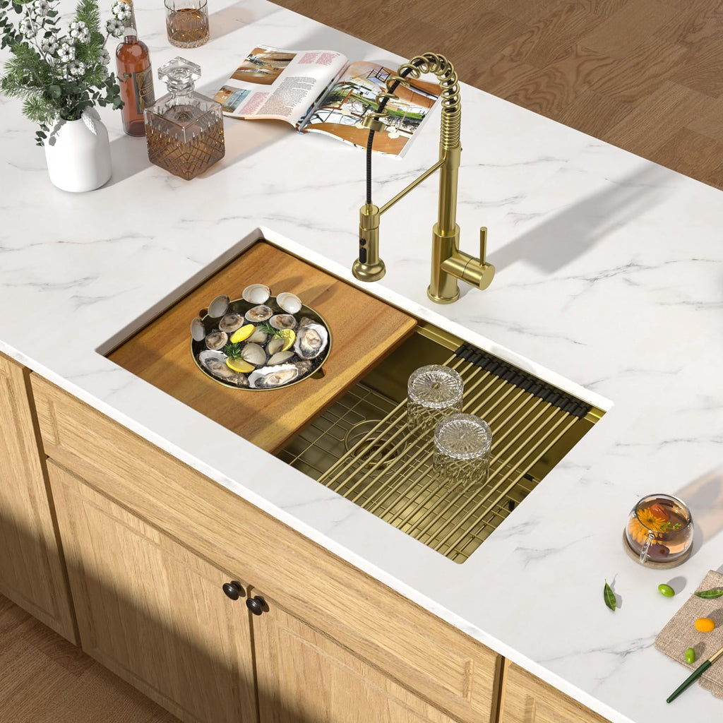 32"x19" Gold Undermount Kitchen Sink, Workstation All-In One Gold 16 Gauge Stainless Steel Under Counter Single