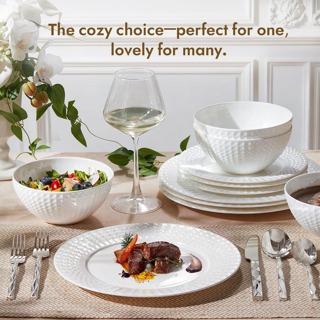 24Pc Rhombus Edge White Bone China Set, Service for 8