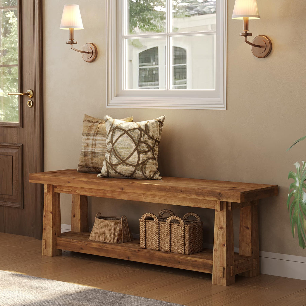 Solid Wood Entryway Bench, 55" Rustic Bench Seat with Shoe Storage, 350 LB