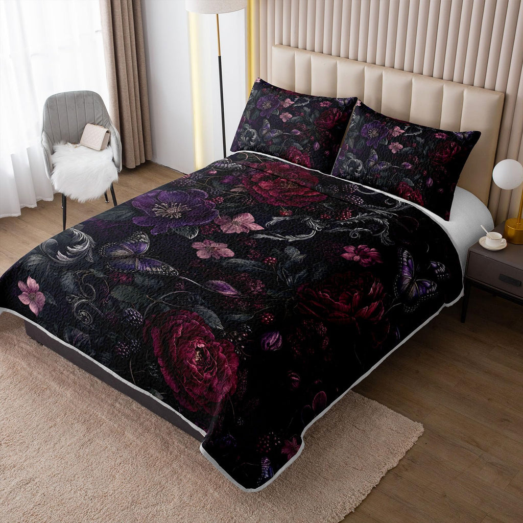 King 3-Piece Quilt Set, Gothic Burgundy Rose Botanical Bedspread, Soft Lightweight Microfiber Coverlet with 2 Pillow